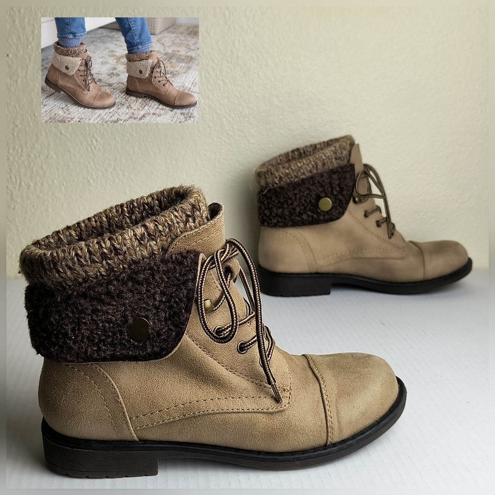 Cliffs By White Mountain Decker Size 6M Tan Combat Boots with Cozy Brown Cuff